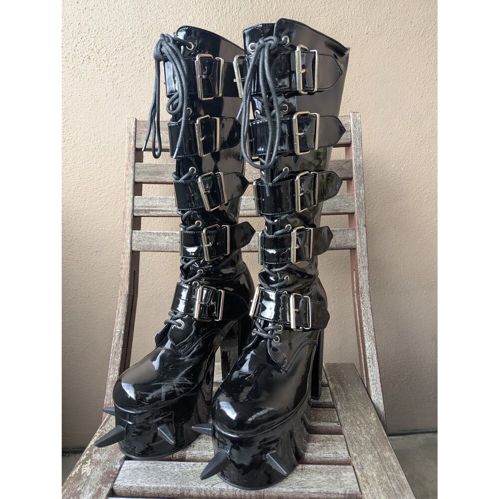 💜Demonia Patent Platform Knee Boots Spiked Goth Buckle Lace Sz 10